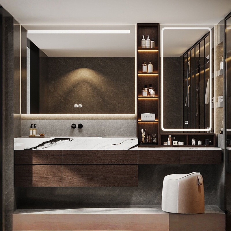 Luxury solid wood bathroom cabinet and vanity table combination for large-sized bathrooms with washbasin and sink Luxury solid wood bathroom cabinet and vanity table combination for large-sized bathrooms with washbasin and sink