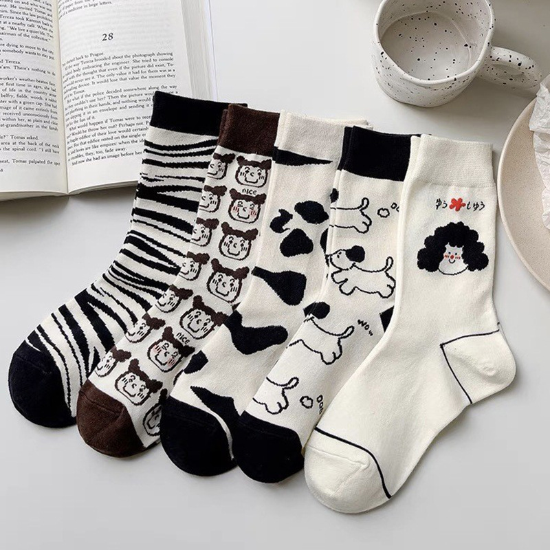 Creative couple mid-calf length socks for women ins trendy cartoon Korean style cute spring and autumn summer zebra cow puppy stockings for women