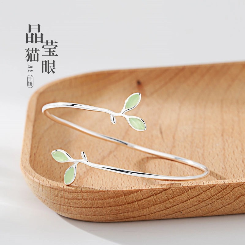 Brazalete de hojas de plata esterlina 925 piedra de ojo de gato japonés y coreano simple pulsera de estudiantes Mori abierta de pulsera universal ajustable