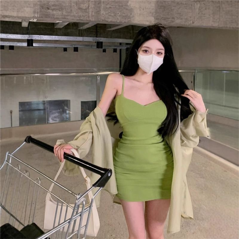 French Style Fresh Green Sling dress Women's Summer Figure-looking Mori Style Slim-fit Sexy High-end Hip Skirt French Style Fresh Green Sling dress Women's Summer Figure-looking Mori Style Slim-fit Sexy High-end Hip Skirt