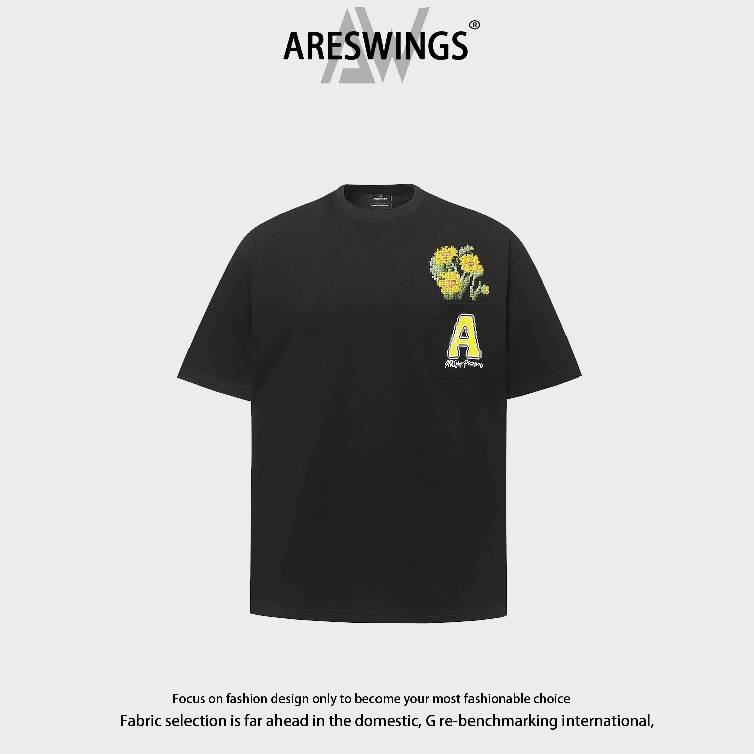 Areswings Pocket Rose Tulip Pixel Flower Short-sleeved T-shirt Summer Loose Couples Top Round Neck Trend