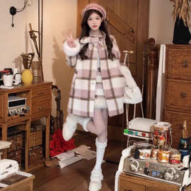 韩版甜美风减龄粉色格子毛呢大衣小个子蝴蝶结呢子外套女冬季新款