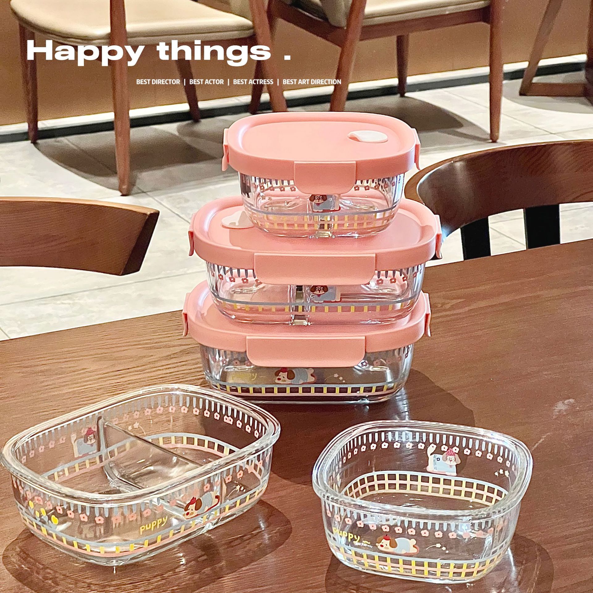 Cute Puppy Healing Glass Lunch Box Fruit Bento Box Sealed Container with Lid