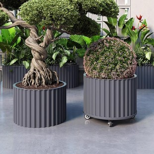 Aluminum Alloy Round Flower Box Outdoor Courtyard Balcony Mobile Flower Pot Waterproof Sun Protection Outdoor Planting Box Flower Bed