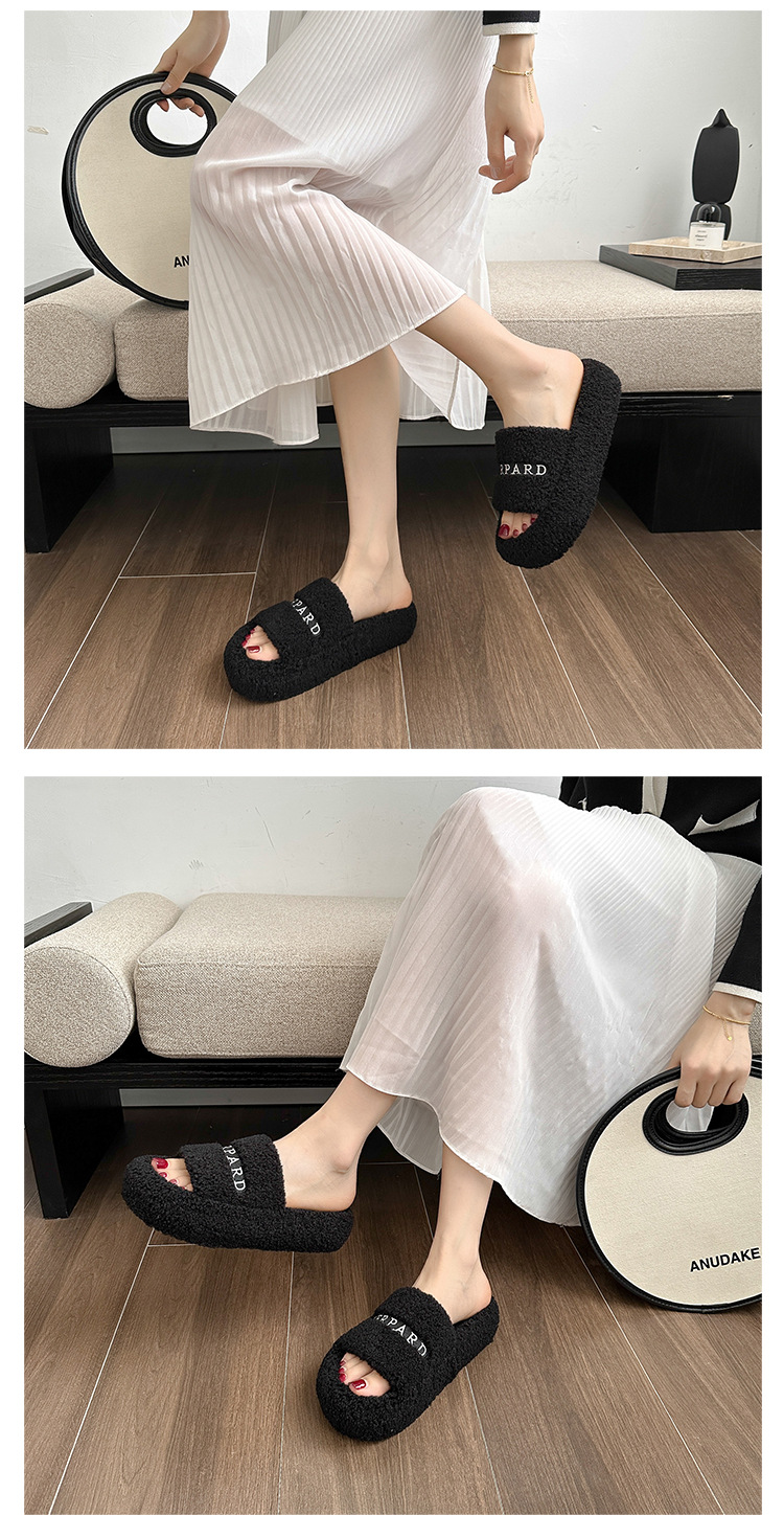 Pantofole in lana di agnello per capispalla da donna autunno e inverno nuovo stile casual versatile che aumenta le pantofole in pelliccia nera ricamate con suola spessa_voghion.com