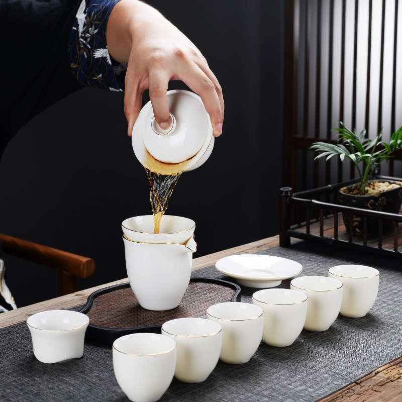 Lambrequin Jade Gongfu Tea Set Minimalist Tea Gift Office Dehua Chinese White Porcelain Three Talents Cover Teacup