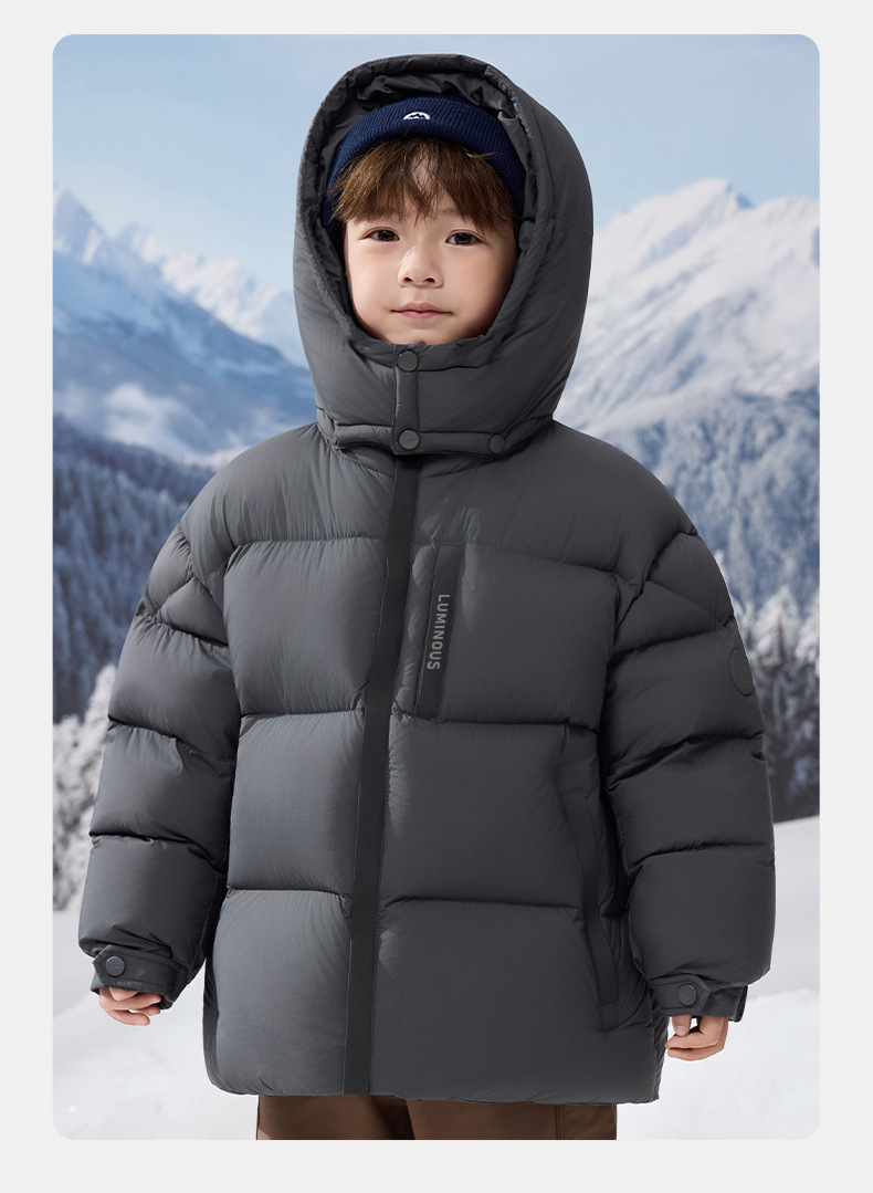 Kids Winter Puffer Jacket With 90% White Duck Down, Short Thickened Coat For Boys & Girls, Trendy Outerwear For Big Kids (120-170cm, Black/Smoke Grey)_voghion.com