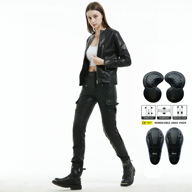 VOLERO motocicleta pantalones de montar Caballero motocicleta de las mujeres pantalones de cuero delgados pantalones casuales retro resistente a la caída a prueba de viento pantalones de cuero
