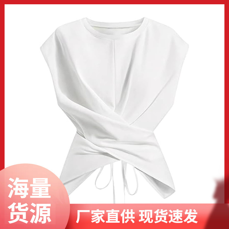 2026 Summer New European and American Cross-Border Tops, Niche Slim-Fit Versatile Short Tops with Cross-Tie Hem