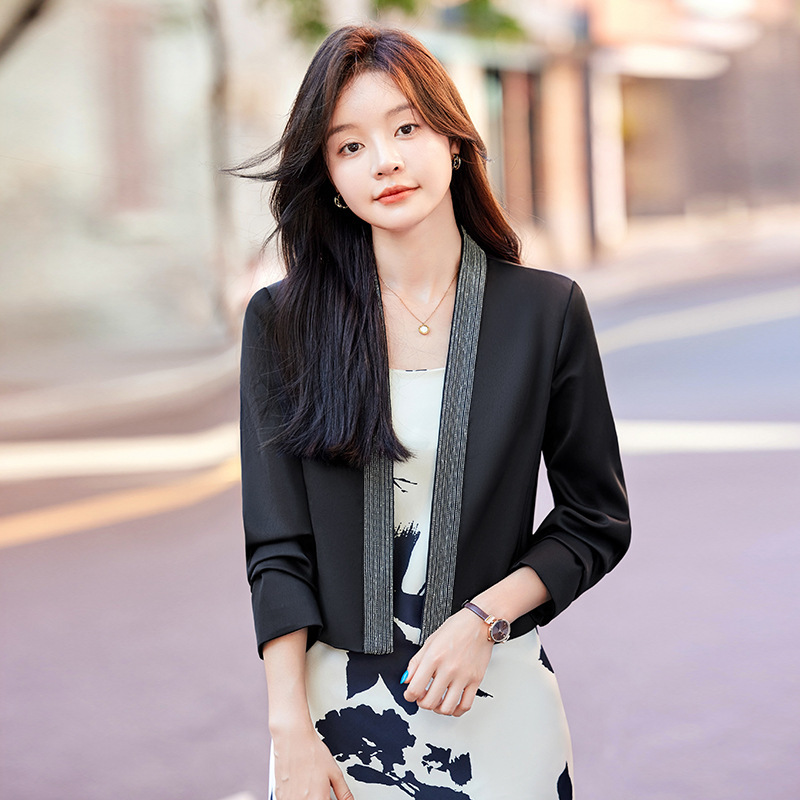 High-End Imitation Acetate Satin Blazer Short Jacket for Women 2026 Early Spring New Style Petite Collarless Suit Top