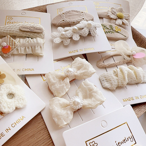 New French retro milk tea color fabric lace bow embroidered flowers children's press clip BB clip rubber band hair accessories