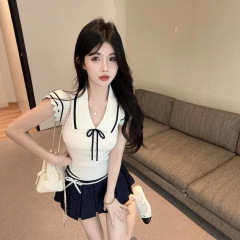 纯欲甜美小飞袖T恤女夏季学院风修身短袖针织衫翻领紧身短款上衣