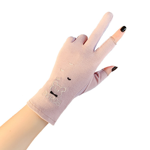 Sun protection gloves for women, cute, thin, driving and riding, non-slip, pure cotton, breathable, short, summer, two fingers, spring and autumn, half finger