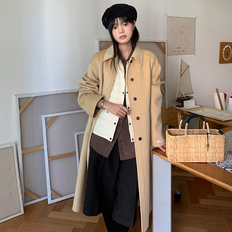 푸울 코트 여자 2024 년 겨울 새 한국식 하이 엔드 캐주얼 랩 단순 양면 모직 코트 878