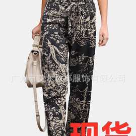 跨境2025爆款印花棉麻休闲舒适松紧腰女长裤现货厂家直销8119显瘦