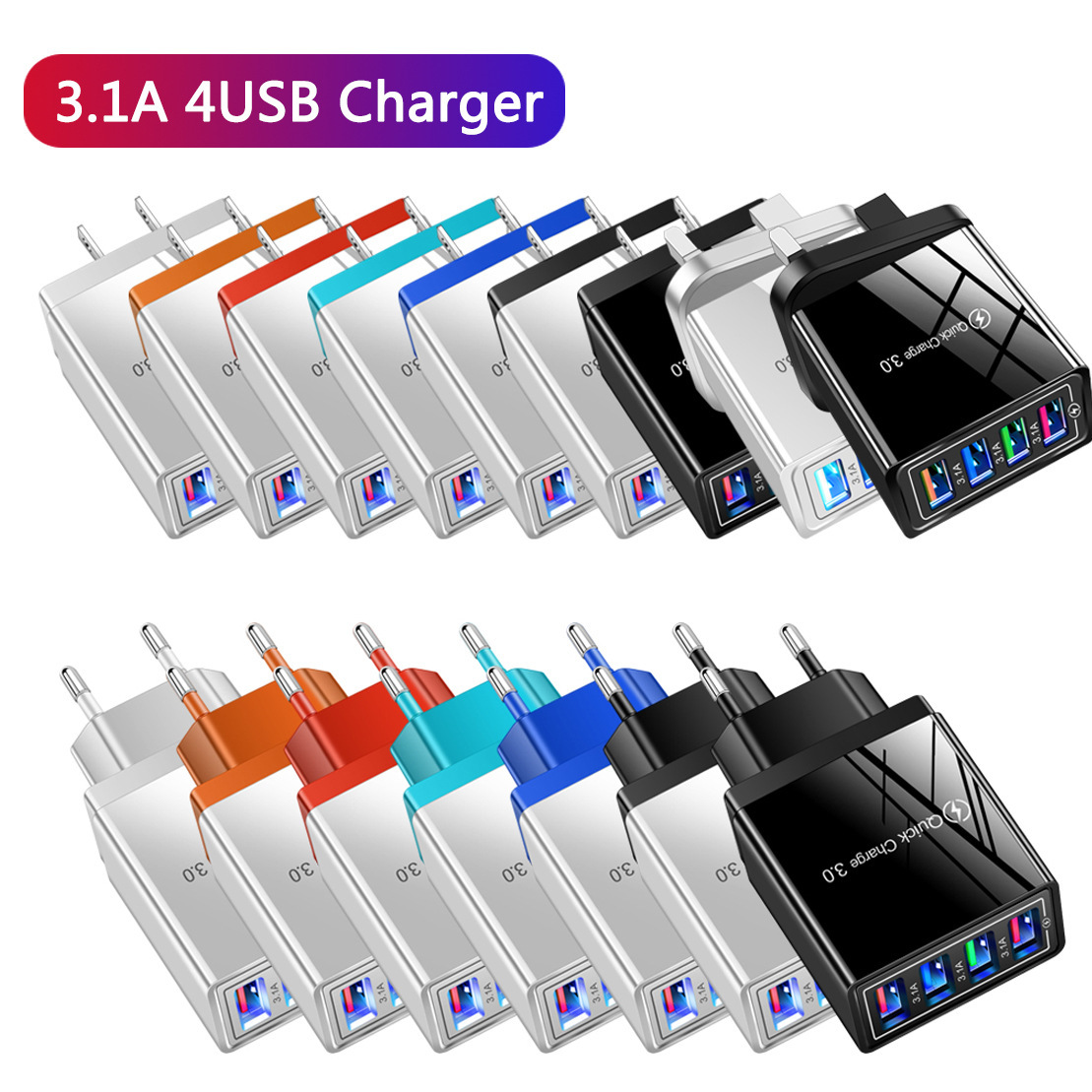 Color 4USB mobile phone charger 3A flat travel charging head US gauge European Gauge Charger cross-border wholesale