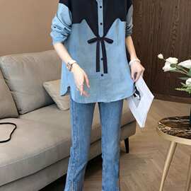 2026新款蓝色拼接衬衫女设计感chic别致韩版休闲长袖上衣