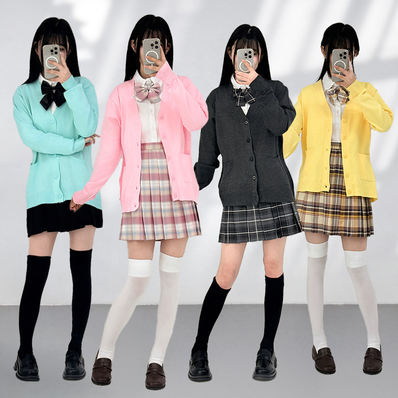 부드럽고 달콤한 핑크 가디건 브이넥 JK 니트 스웨터와 JK 대학 스타일 JK 교복 정장 봄 가을 가디건