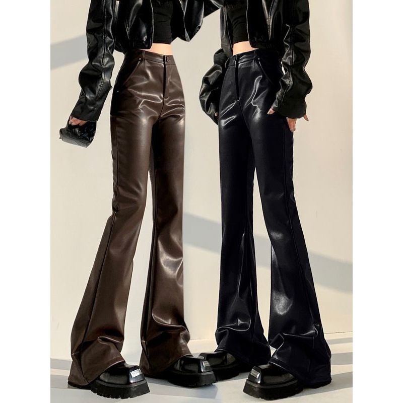 皮裤微喇叭裤女新款秋冬季款高腰显瘦皮咖色气质休闲拖地裤