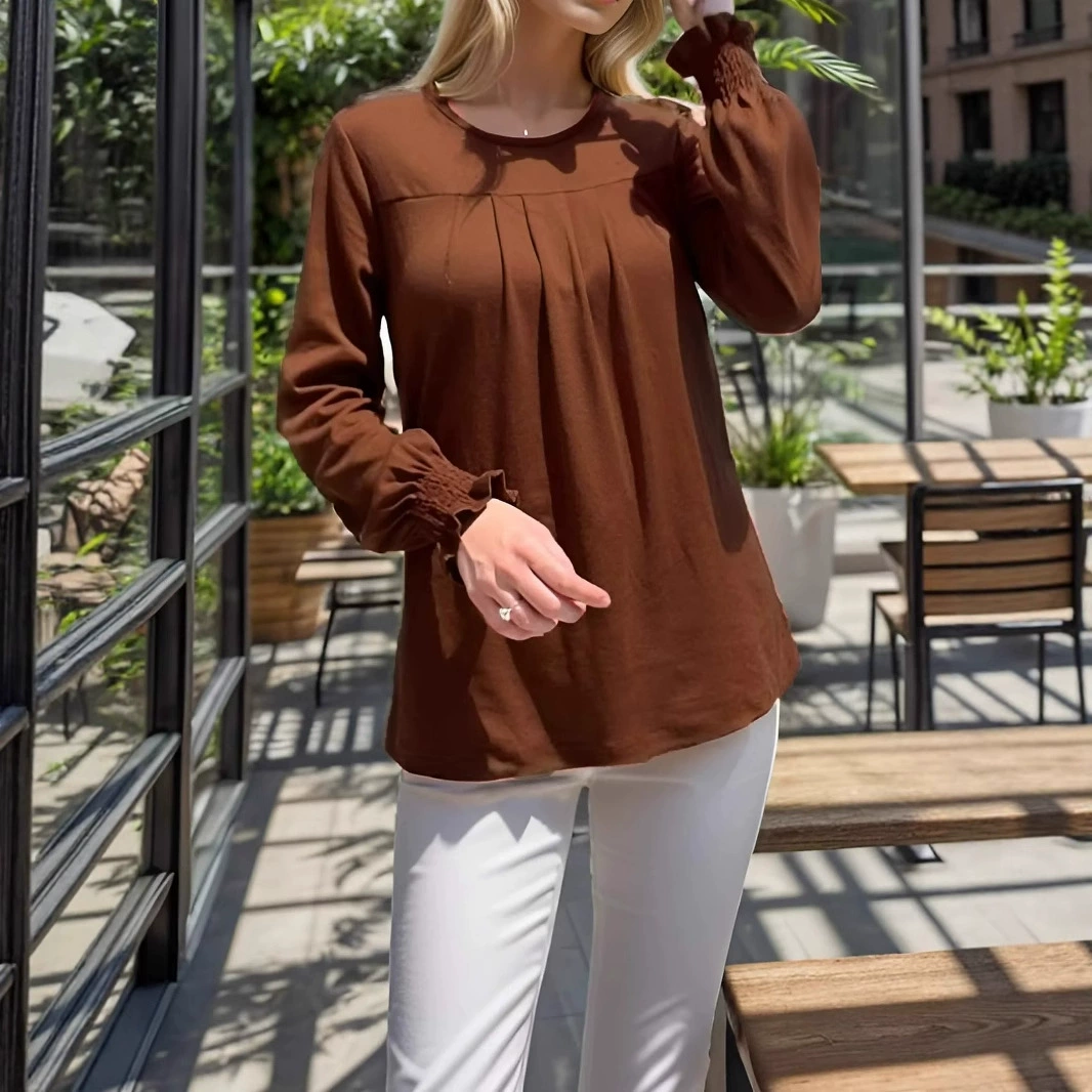 Европейская и американская трансграничная женская футболка Amazon больших размеров на осень и зиму 2025 года с круглым вырезом и пышными рукавами, длинными рукавами, однотонная женская футболка