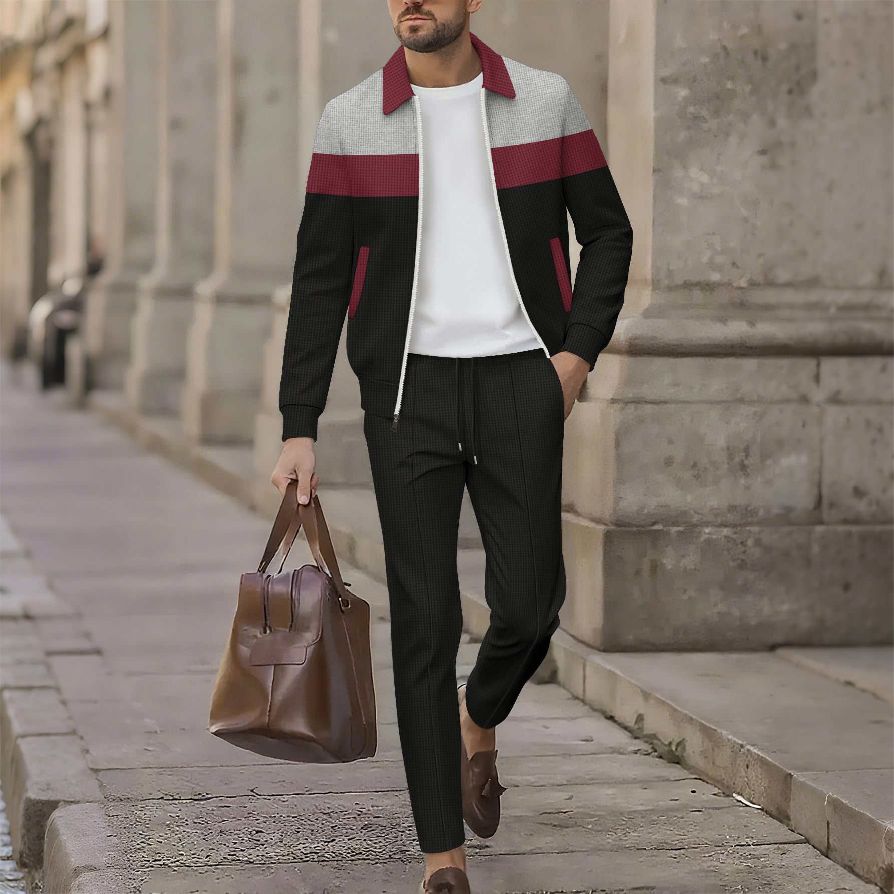 Men's Casual Color Block Waffle Knit Jacket And Trousers Set Spring Autumn New Men's Clothing_voghion.com