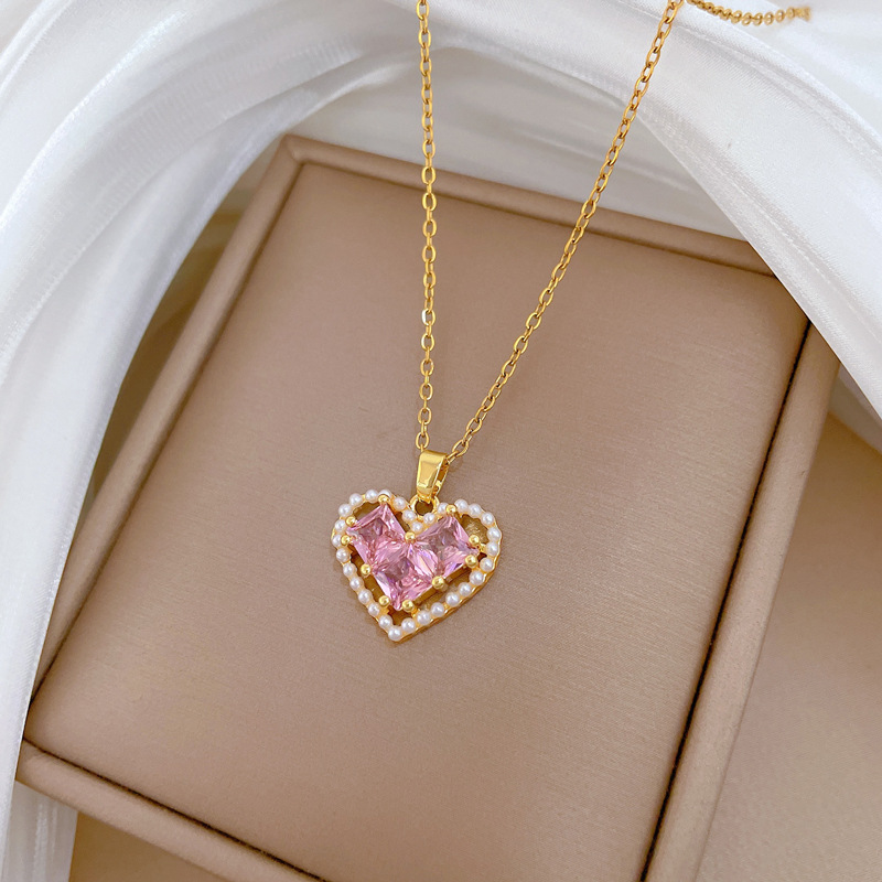 Wunderschöne Perlenherz Halskette Mit Diamanten Edelstahl Kette_voghion.com