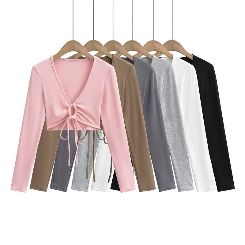 Hot girl spring super deep V strap multi-wear long-sleeved T-shirt shawl short coat top