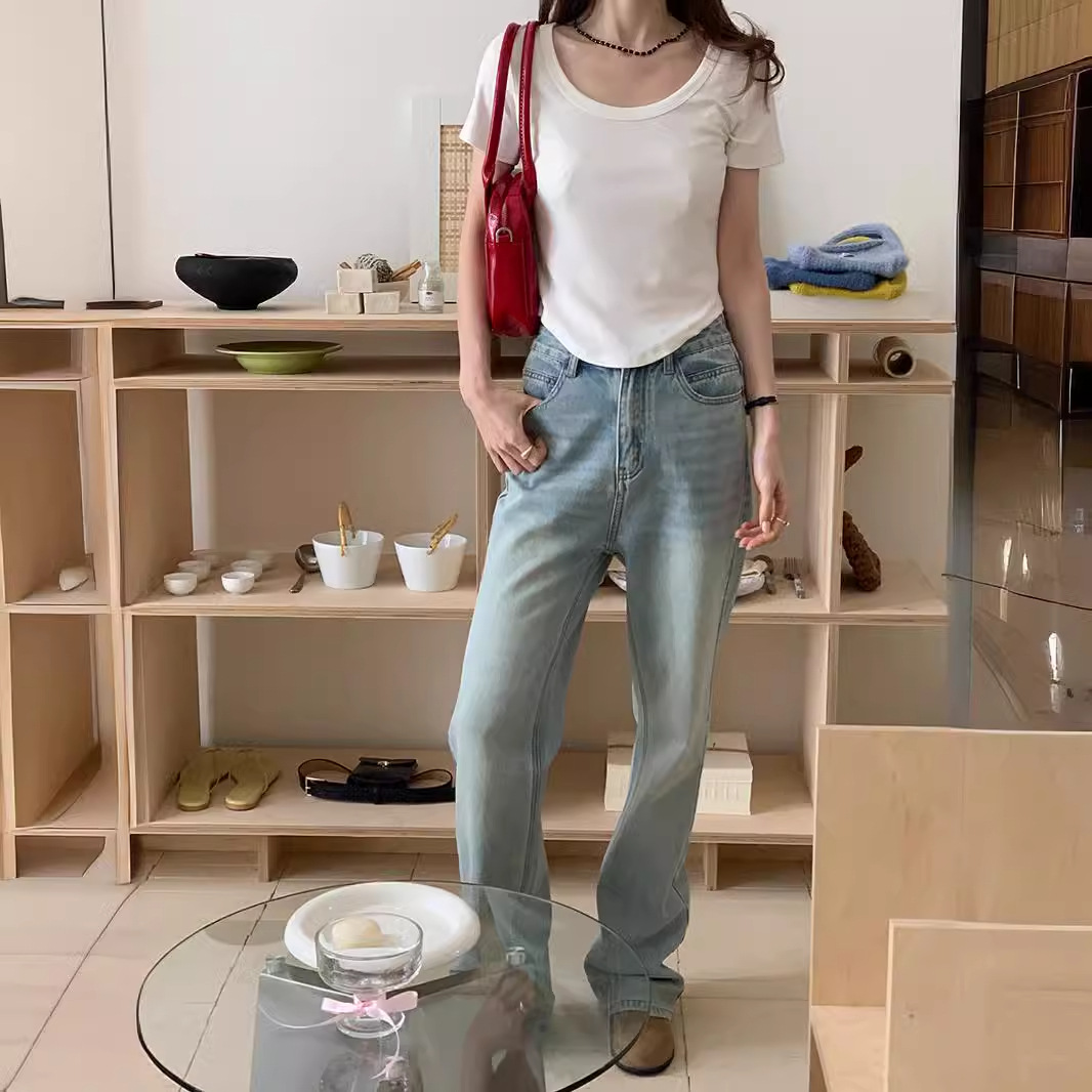 WEI SONG VINTAGE OLD LIGHT COLOR NARROW STRAIGHT 청바지 여성 여름 한국 스타일 높은 허리 슬리밍 올 매치 와이드 레그 바지