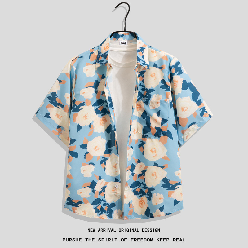 2024 Nuova camicia a maniche corte floreale in stile retrò di Hong Kong per uomo e donna, ampia e casual, stile street tailandese._voghion.com
