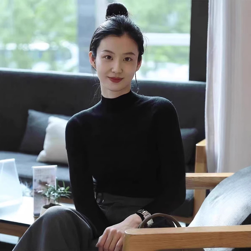 100% Pure Wool French Black Half Turtleneck Bottoming Knitwear for Women Cashmere Knitwear Slim Fit High-End Mid-Collar Knitwear