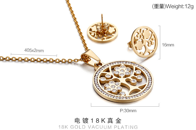 Fashion Titanium Steel Diamond Pendant Tree of Life Necklace Earrings Set