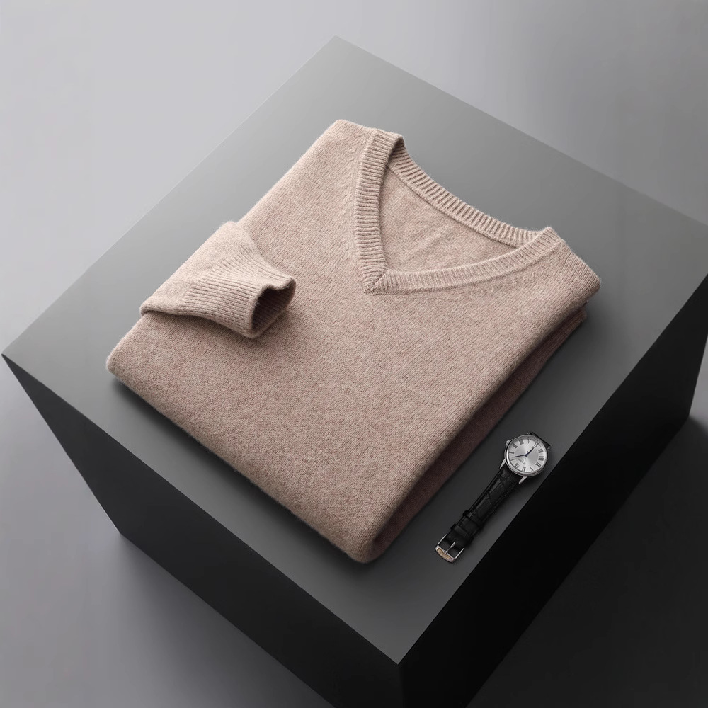 秋冬男士V领100纯羊毛衫休闲商务宽松针织打底衫外塔上衣大码毛衣