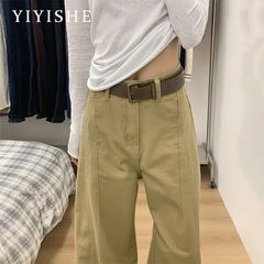 卡其色阔腿弯刀裤女2025年春季新款高腰宽松显瘦垂感拖地直筒裤子