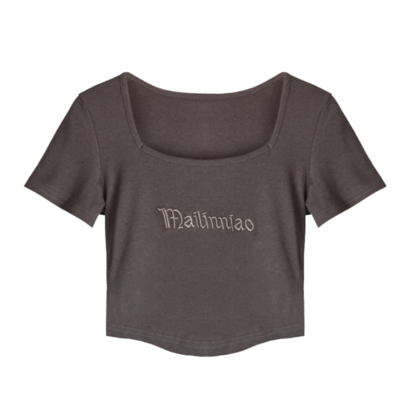 Sudeste de Asia al por mayor de manga corta Camiseta de las mujeres de verano cuello cuadrado camisa de fondo chica caliente SLIM-Fit corto ombligo elegante superior de las mujeres