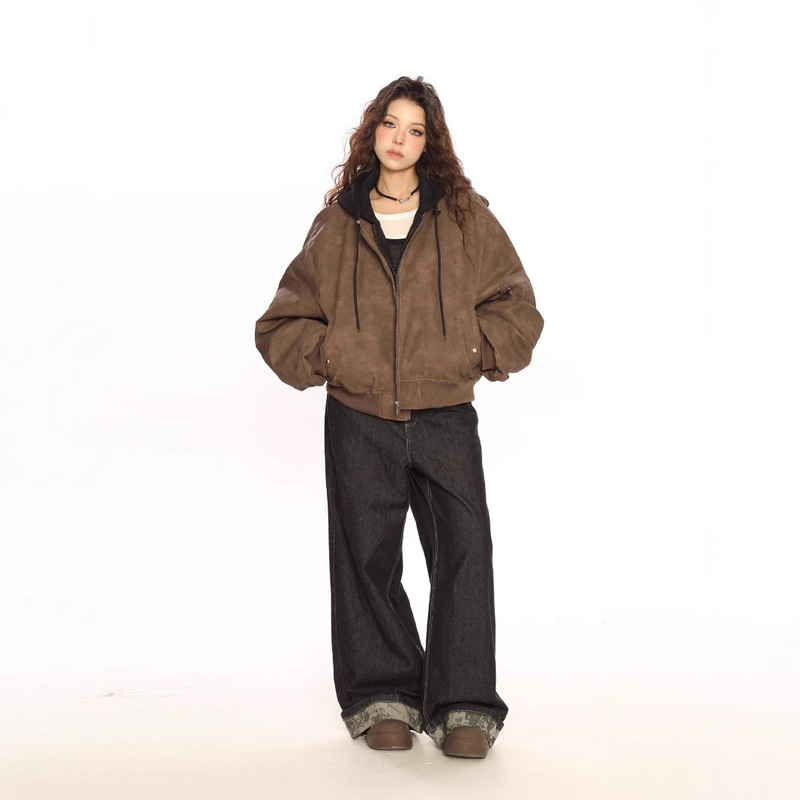 欧米のヒップホップの二重の偽の2つの帽子の革のジャケットの上着の女性の春秋のoversizeのごろつきの帥の百合の飛行服|undefined