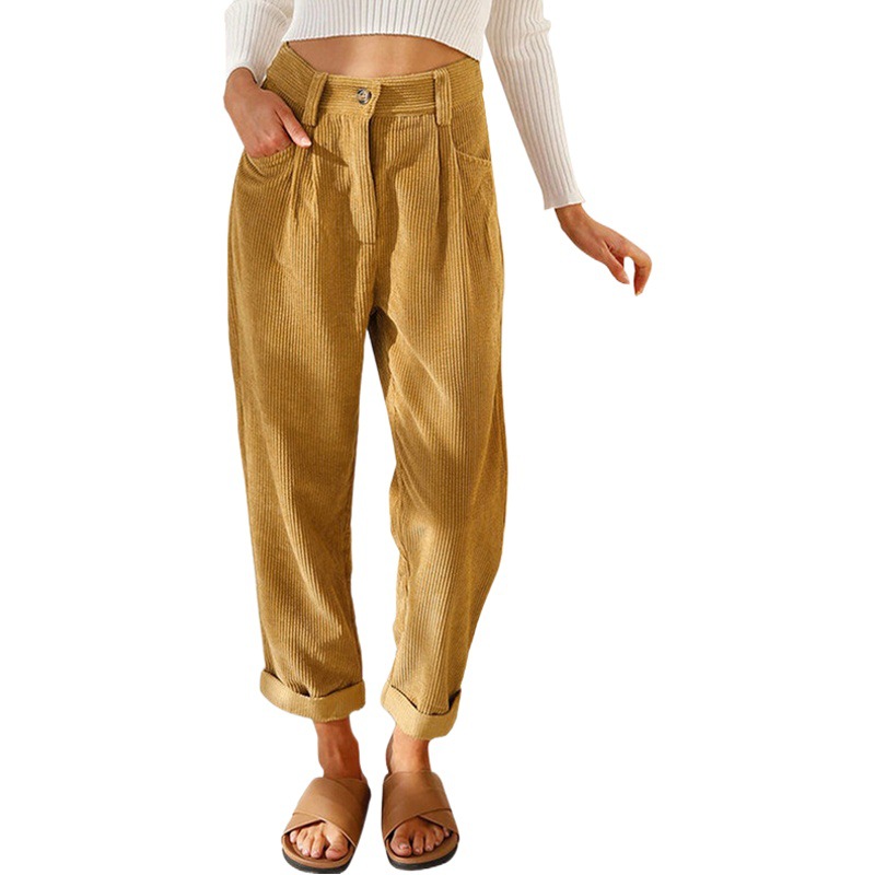 2025 Amazon Autumn New Women's High-Waisted Casual Pants European and American Solid Color Corduroy Loose Straight-Leg Trousers for Women