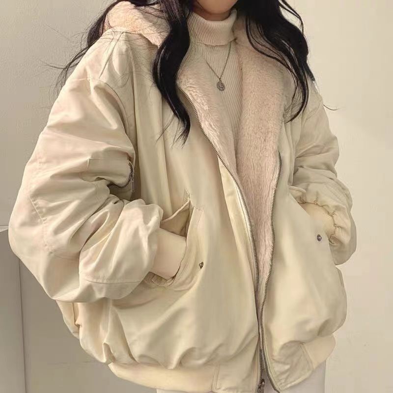 羊羔毛外套女秋冬加绒加厚两面穿棉服冬季新款棉袄连帽厚棉衣上衣|undefined