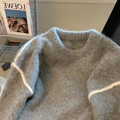 Autumn/Winter Color Block Design Women's Unique Relaxed Style Loose Soft Yarn Long Sleeve Knit Top