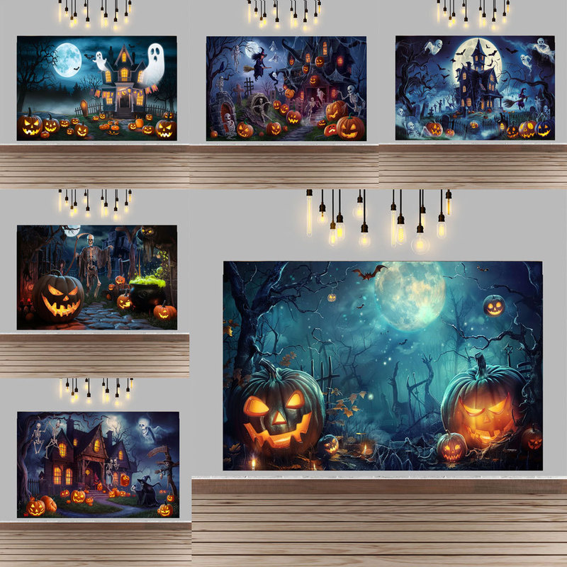 Aliexpress Horror Castle Skeleton Pumpkin Lantern Ghost Photography Background Cloth Halloween Witch Scene Layout Banner