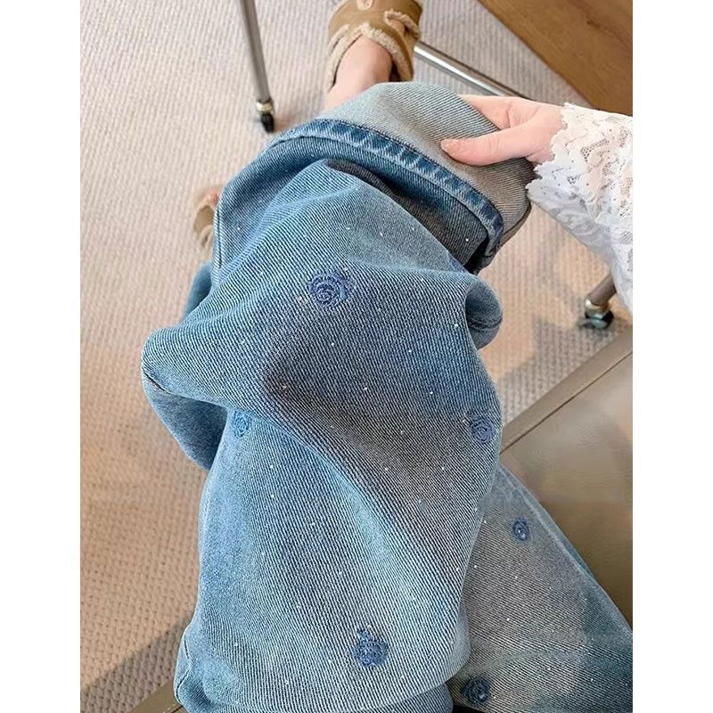 Blue Embroidered Rhinestone Jeans for Women, Spring New Large Size High-Waisted Slimming Wide-Leg Pants, Casual Versatile Straight-Leg Pants