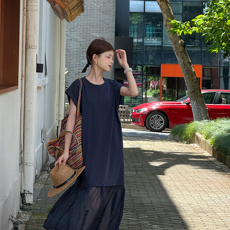 Leino Korean-Style Ruffle Edge Patchwork Oversized Short-Sleeve T-Shirt Dress for Women, Summer 2026 New Lazy Style Slimming Dress