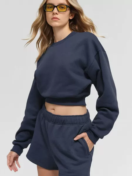 Cross-Border New Style Polyester-Cotton Sweatshirt for Women, Short Round-Neck Spring Thin Fleece Fabric Sports Casual Yoga Top