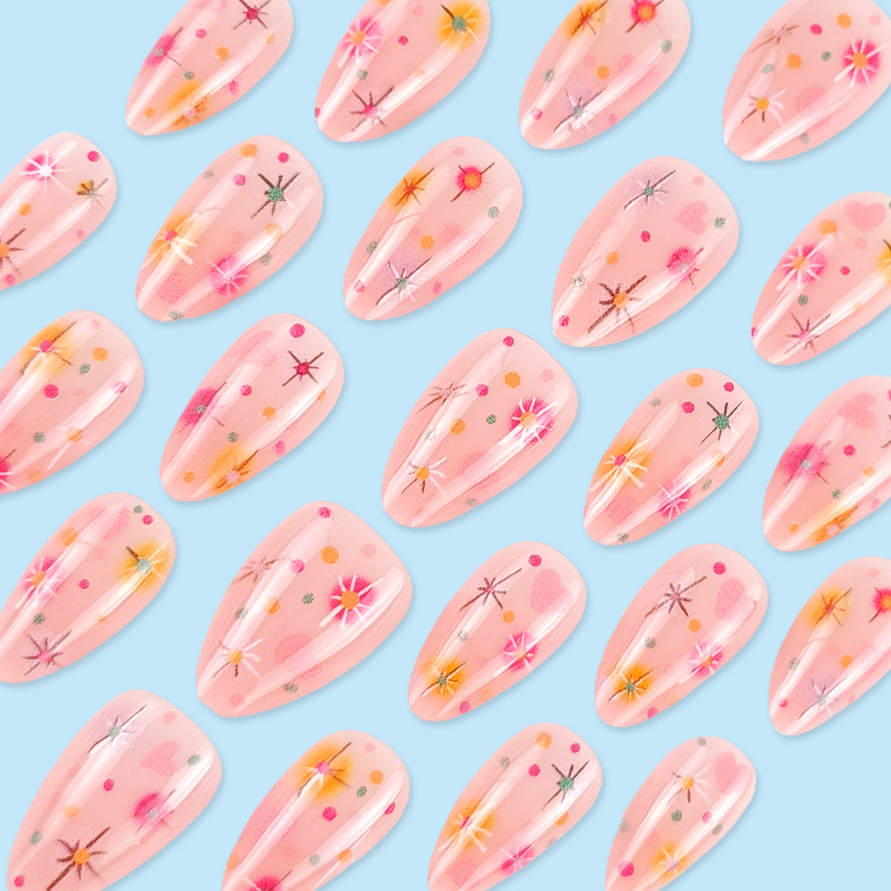 Armadura de vestir de verano estrellado al por mayor rosa melocotón 30 piezas de uñas postizas Venta caliente transfronteriza Armadura de vestir de almendra