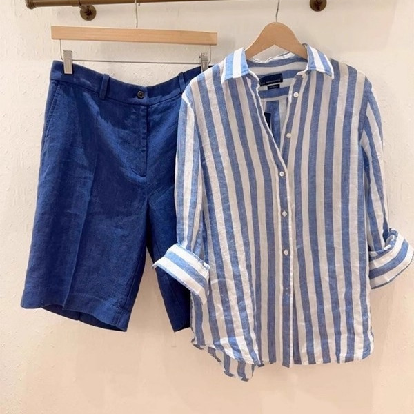 French Design Blue and White Striped Ramie Sun Protection Shirt for Women Loose Elegant Blue Striped High Count Linen Shirt