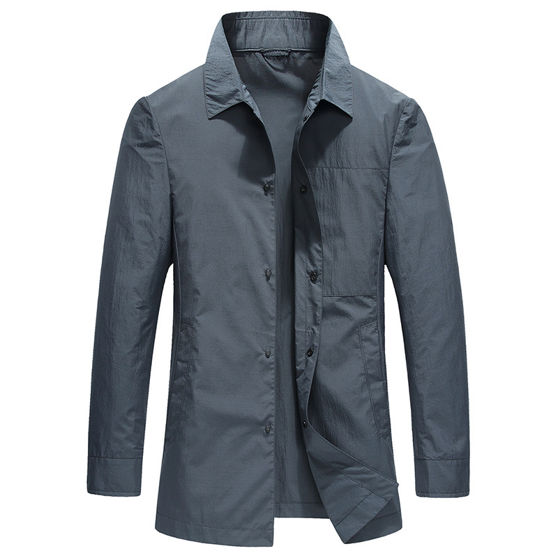 New Spring Festival Lightweight Lapel Trench Coat for Men, Simple Solid Color, Quick-Drying, Breathable, Business Casual Mid-Length Thin Jacket