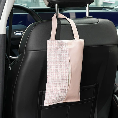 Blue Rain Car Tissue Box, Chanel-Style, High-End Feel, In-Car Tissue Bag, Leather Car Seat Back-Mounted Tissue Box (Car tissue box/set) - plush-small-fragrant-hanging-tissue-box-pink