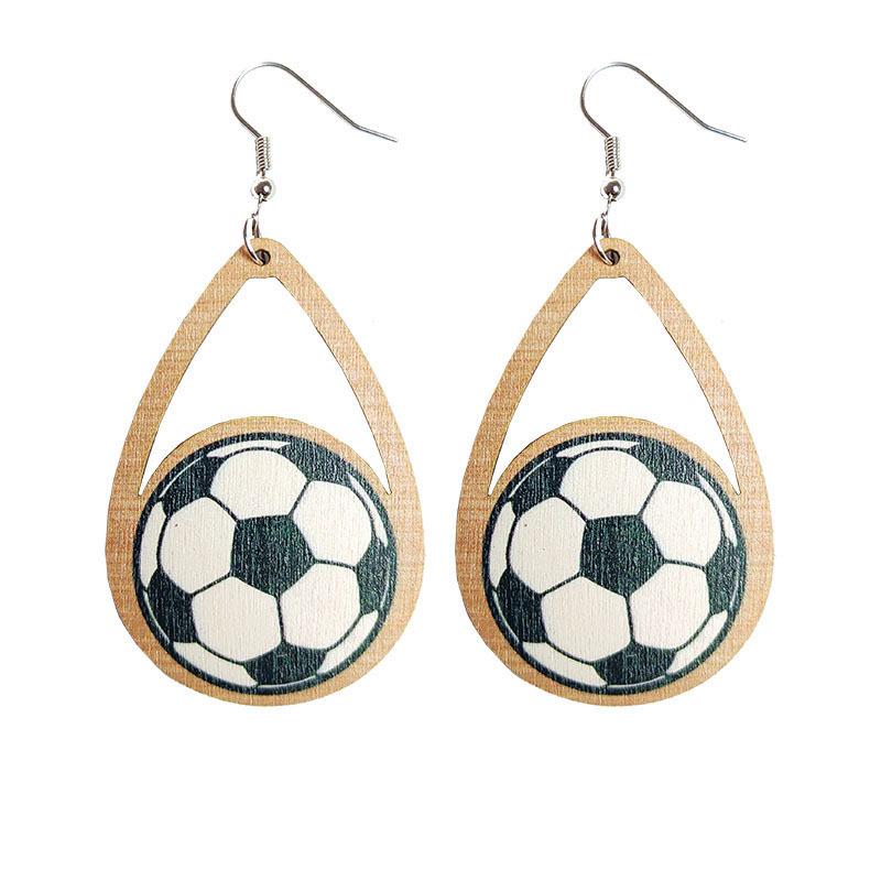 Football wooden earrings drop-shaped