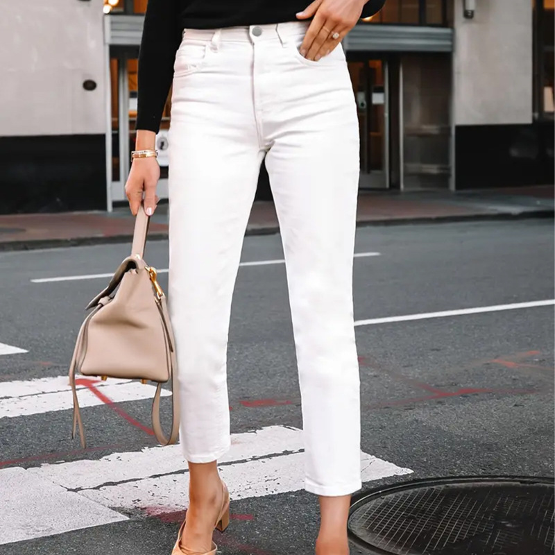Women's Jeans, Simple Stretchy White Pants, Light Business Style, Slim Fit, Straight-Leg Long Pants Women's Jeans, Simple Stretchy White Pants, Light Business Style, Slim Fit, Straight-Leg Long Pants