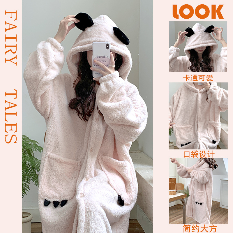 2024 camisón de lana de coral de las mujeres de otoño e invierno largo más el tamaño con capucha, además de terciopelo Albornoz pijamas chaqueta desgaste del hogar transmisión en vivo