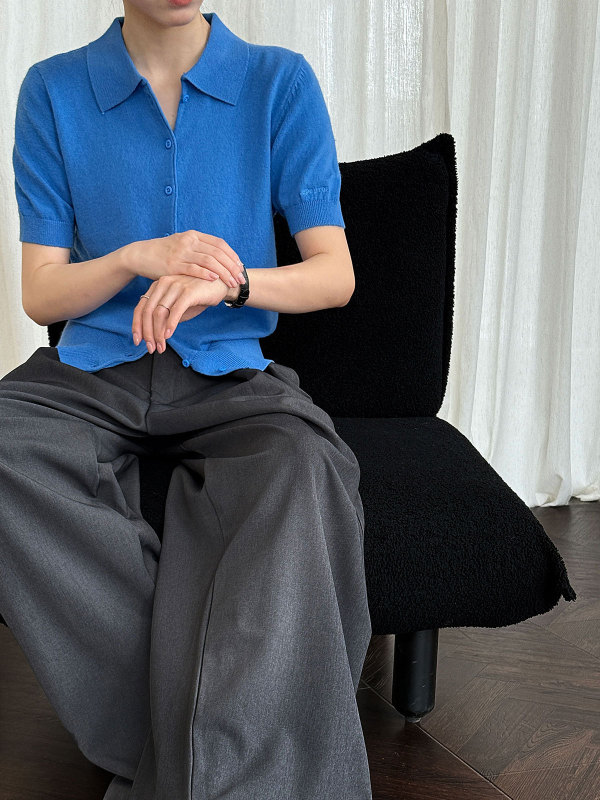 鹿西 刺繍入りポロ襟ニット半袖トップス レディース 秋新作 ウエストシェイプ 細見え 高級感トップス ss738|undefined
